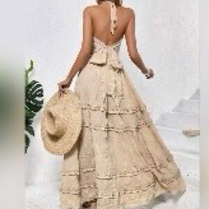NEW Boho Tie Back Halter Ruffle Maxi Dress Beige Tan Nude